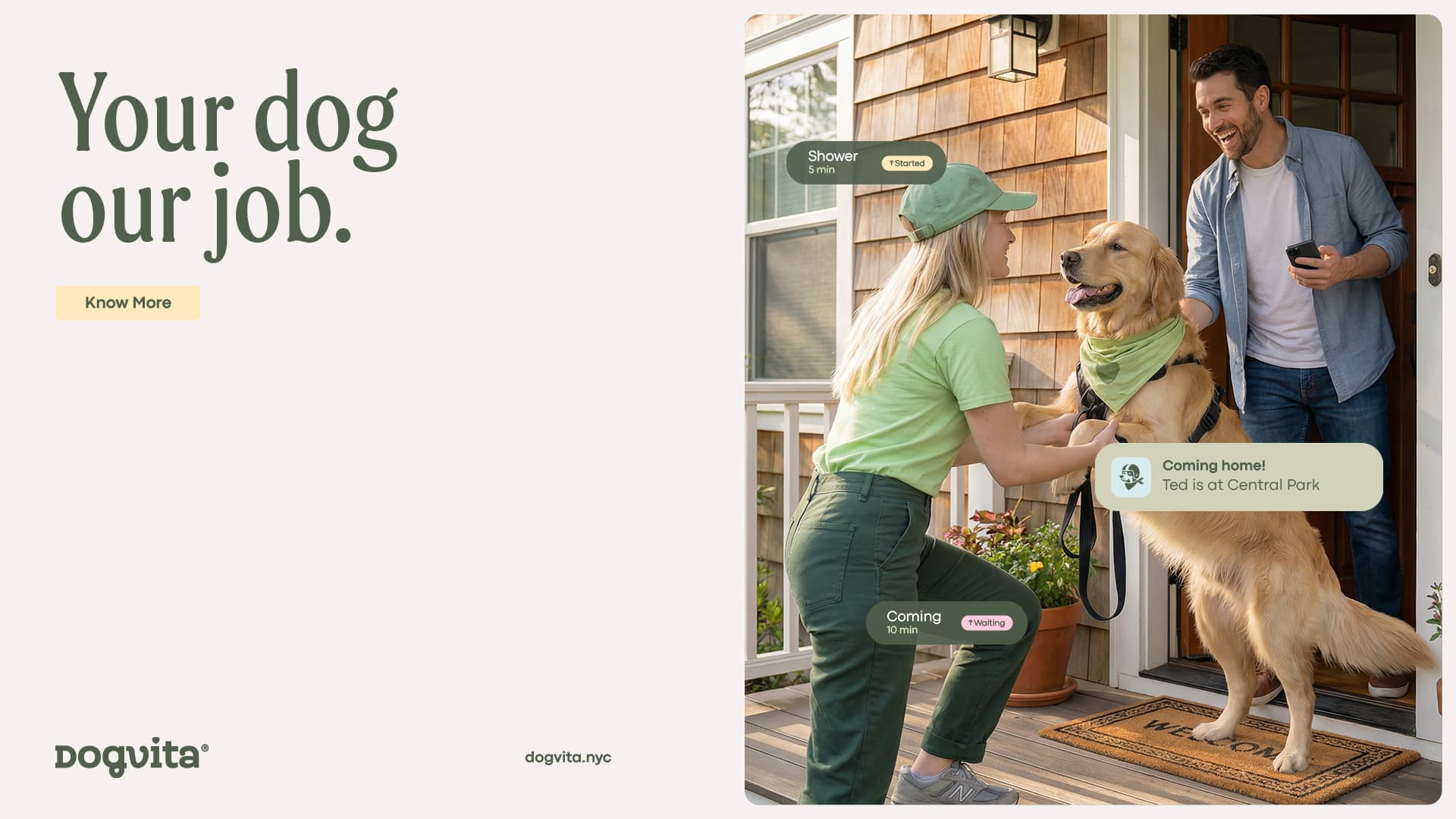 DogVita walker handing off a happy golden retriever to a pet parent at the front porch, app status pills overlaid