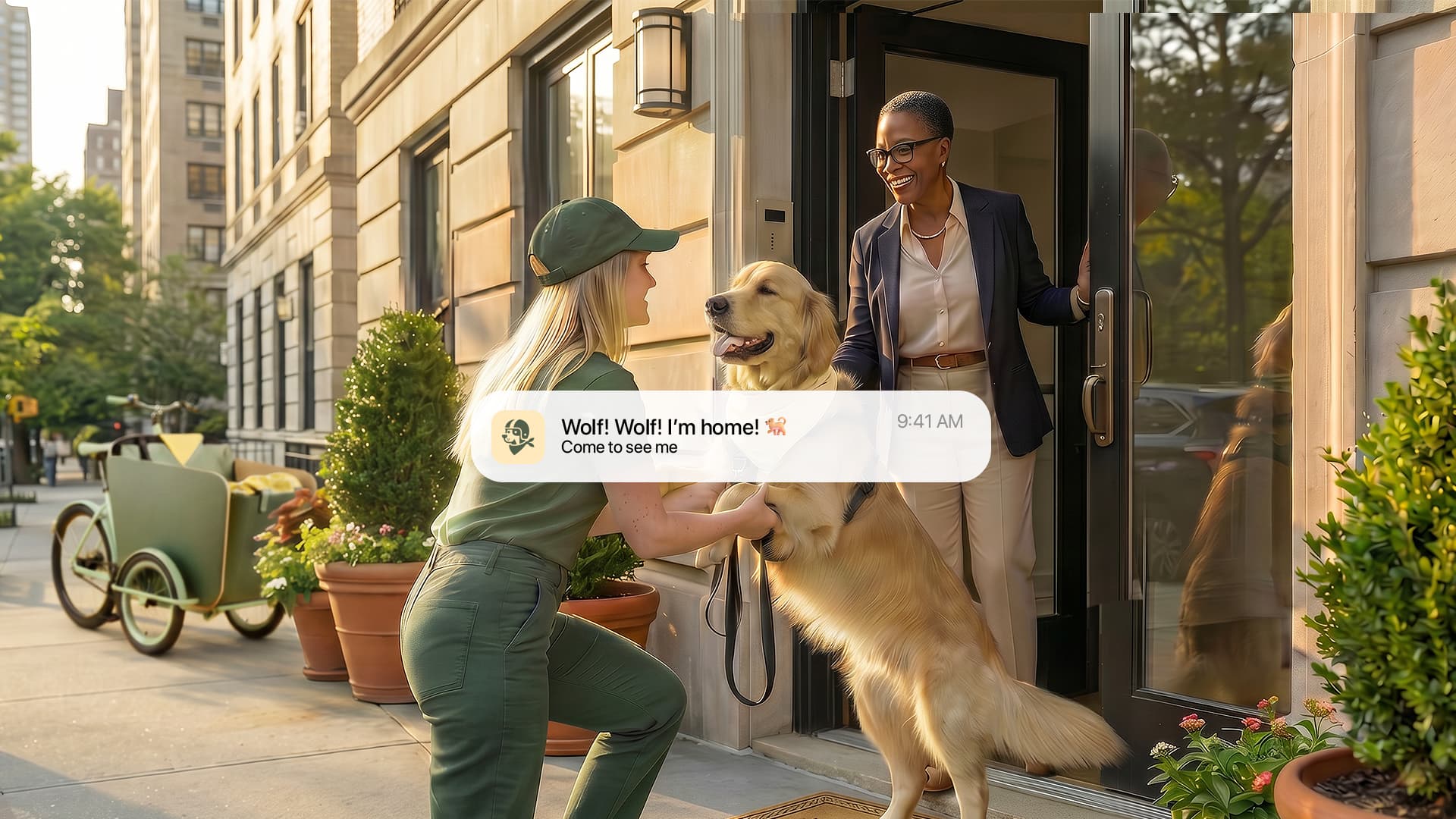 DogVita walker at the doorstep of a NYC brownstone, handing off a golden retriever to a smiling resident